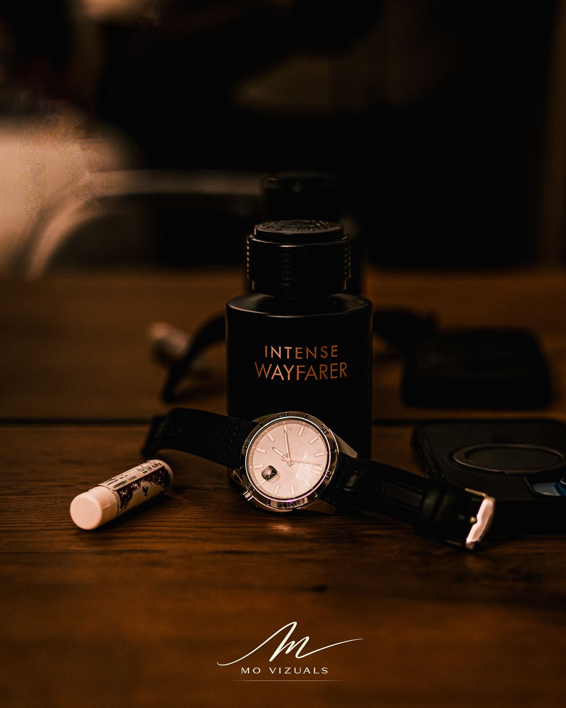 Cinematic product photography cologne and watch Standerton